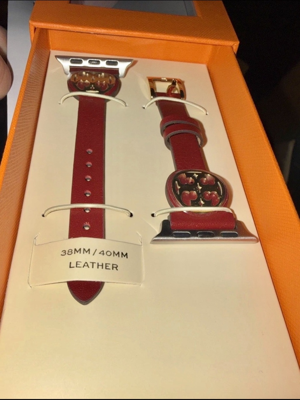 Tory Burch Red Leather Apple Watch Band with Gold Heart Medallions - 38/40mm